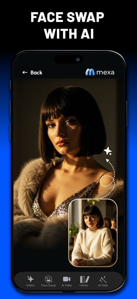 Mexa - Photo & Video with AI - Interface of Mexa app demonstrating AI face swap from a casual photo to a glamorous studio portrait