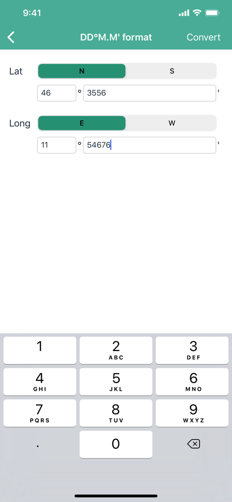 Pantalla de la aplicación GPS Utility mostrando la interfaz de entrada de latitud y longitud en formato Grados Minutos Decimales
