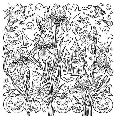 Discover a delightfully eerie blend where the elegance of Siberian irises meets the spooky charm of Halloween. This unique coloring page invites you to bring vibrant life to a scene filled with jack-o'-lanterns, flying witches, and playful ghosts.
