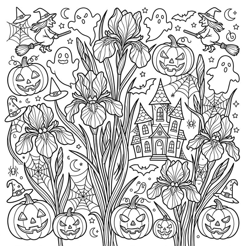 Discover a delightfully eerie blend where the elegance of Siberian irises meets the spooky charm of Halloween. This unique coloring page invites you to bring vibrant life to a scene filled with jack-o'-lanterns, flying witches, and playful ghosts.