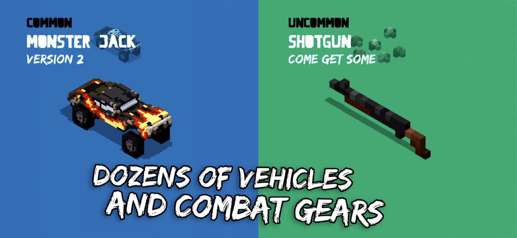 Voxel art showcase of vehicles and combat gear in Fury Roads Survivor