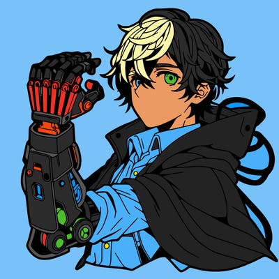 detailed anime man with robot arm
