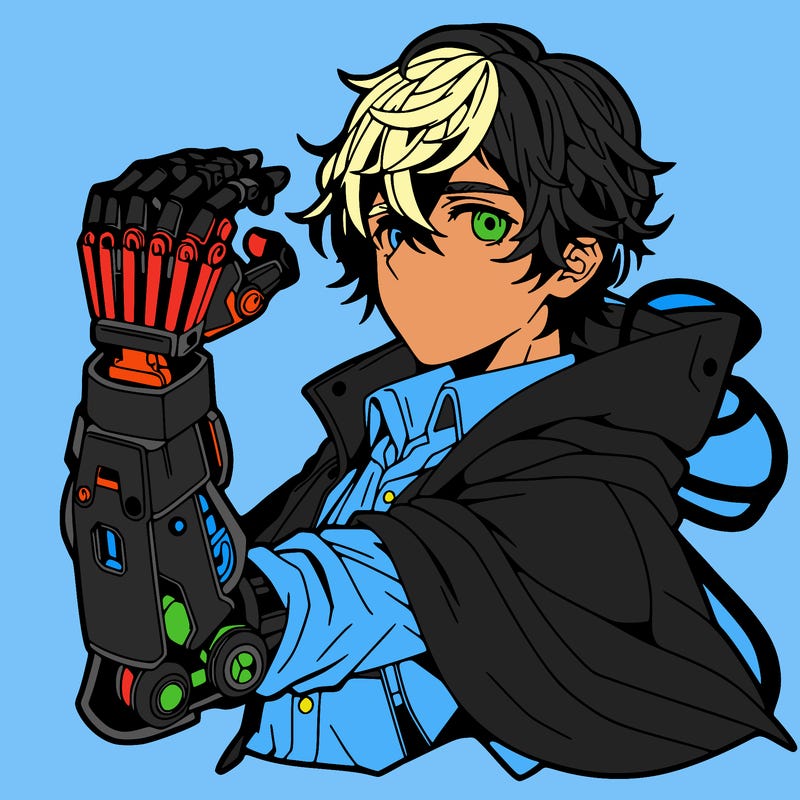 detailed anime man with robot arm
