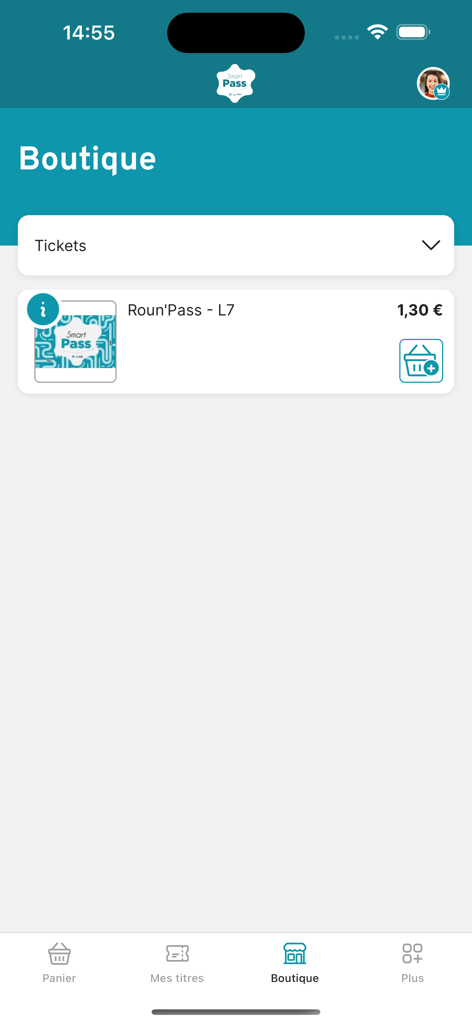 Smart Pass - The Boutique screen of the Smart Pass mobile app displaying transport tickets for sale.