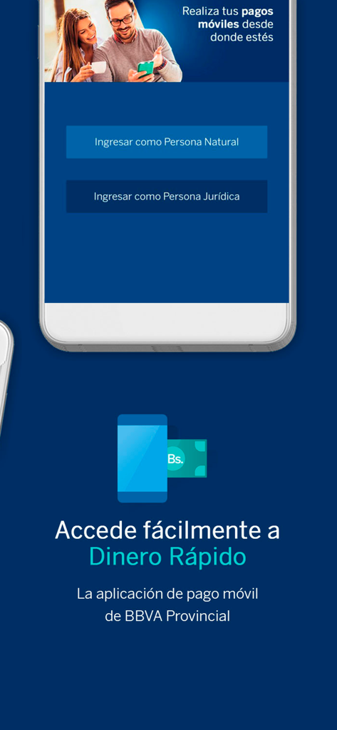 BBVA Provinet Móvil | VE - Écran de connexion de l'application BBVA Provinet Movil affichant les options pour les utilisateurs particuliers et professionnels, ainsi que des informations sur le service de paiement mobile Dinero Rapido.