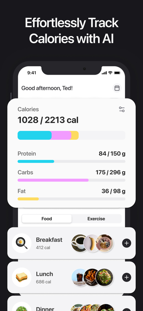 Calorie AI - Tracker & Counter - Calorie AI app dashboard displaying daily calorie intake and protein carbs and fat breakdown with meal logs