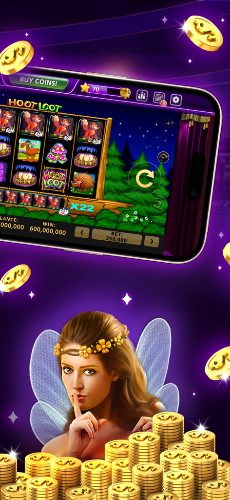 Lucky North Casino Games - Lucky North Casino Hoot Loot slot game on a mobile phone with stacks of gold coins and a fairy character