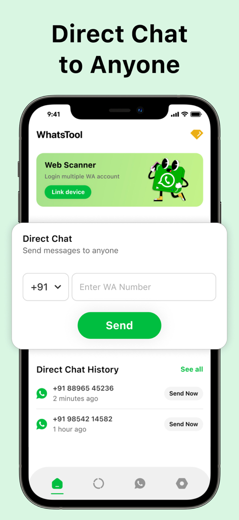 Dual App - Web Scanner App - Screenshot of the Dual App showing the Direct Chat feature for messaging phone numbers without saving them to contacts