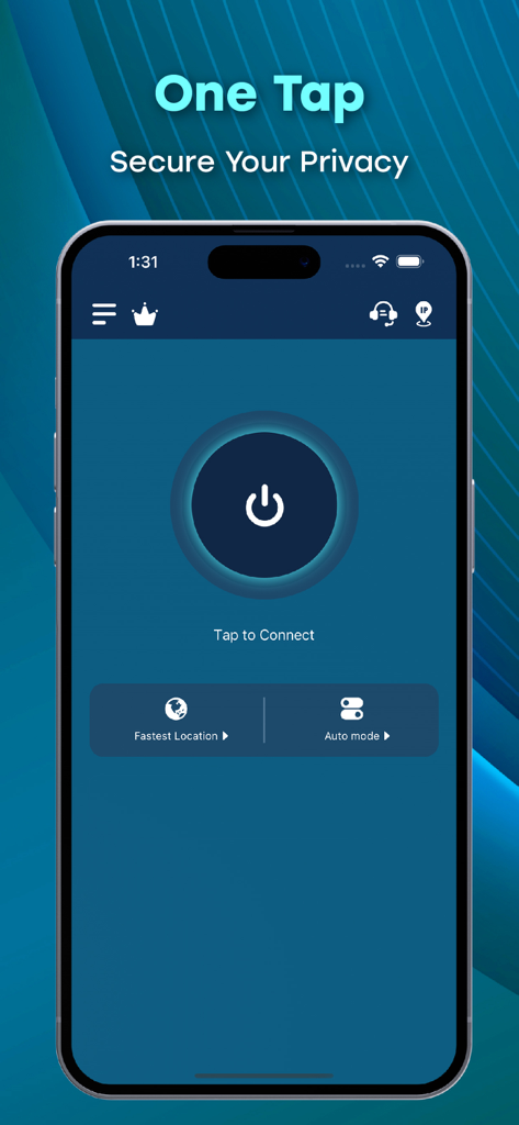Mobile App-Oberfläche von VPN Fast VPN Super mit einem großen Power-Button für sichere Ein-Tipp-Verbindungen und Datenschutz.