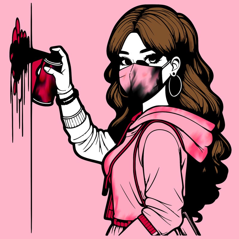 realistic girl with mask spray painting a wall