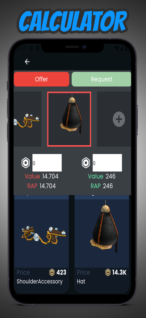 Pantalla de la calculadora de comercio de Robux que muestra los valores de los artículos y la comparación de RAP.