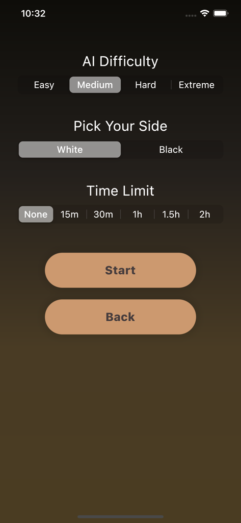Chess Room: Play & Learn Chess - Chess Room app screen for selecting AI difficulty level and time limit