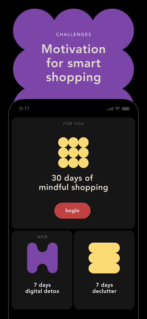bless. minimal shopping habits - A mobile interface of the bless app displaying different challenges like 30 days of mindful shopping, digital detox, and decluttering.