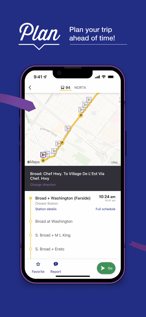 Écran de l'application mobile RTA Le Pass pour la planification des trajets de transport à La Nouvelle-Orléans montrant une carte en temps réel et un horaire de bus