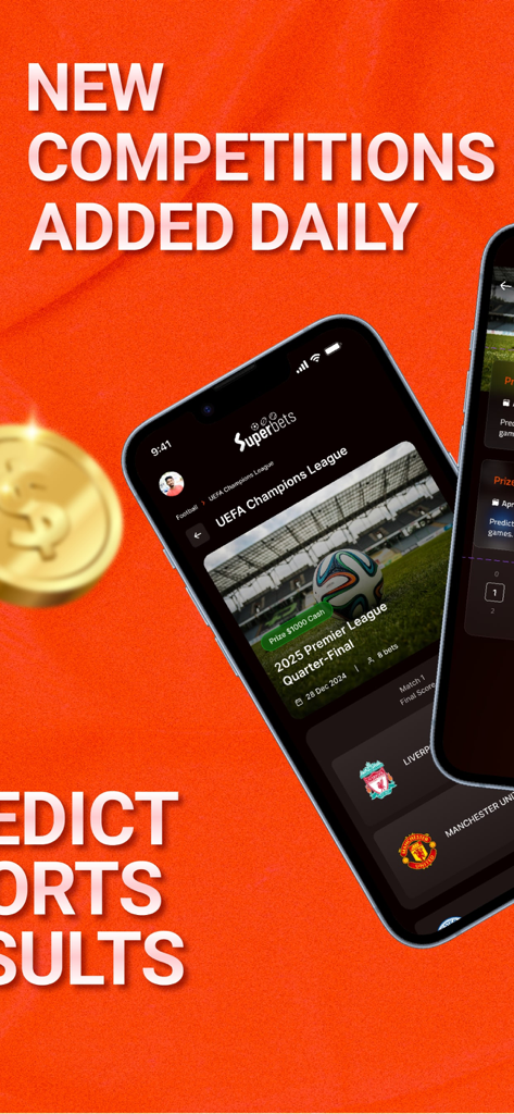 Un smartphone que muestra la interfaz de la aplicación Superbets para predecir resultados deportivos y competiciones diarias.