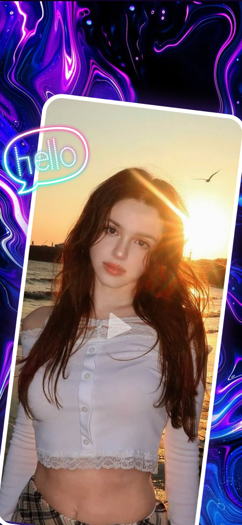 Hilo - Connect, Share, Enjoy - A young woman in a sunset photo with neon effects and a cyberpunk background