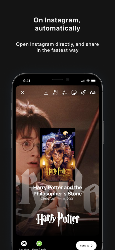 Stories For Letterboxd - Uma interface móvel demonstrando o compartilhamento automático de uma crítica de filme do Letterboxd para uma história do Instagram