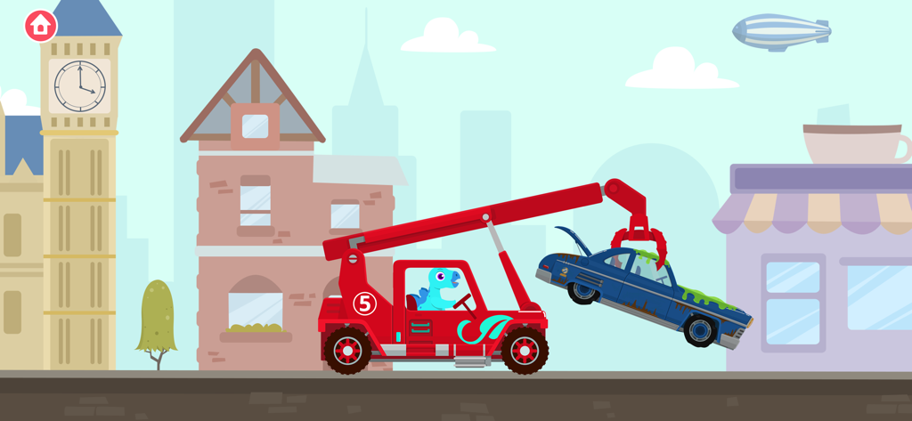 Ein blauer Dinosaurier fährt einen roten Abschleppwagen und hebt mit einem Kran ein Auto in einer Cartoon-Stadt an.