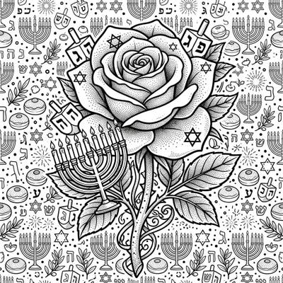 Discover a unique Hanukkah celebration coloring page featuring a stunning dot work rose intertwined with traditional Jewish symbols. Immerse yourself in the festive spirit by bringing this intricate design to life with your favorite colors.