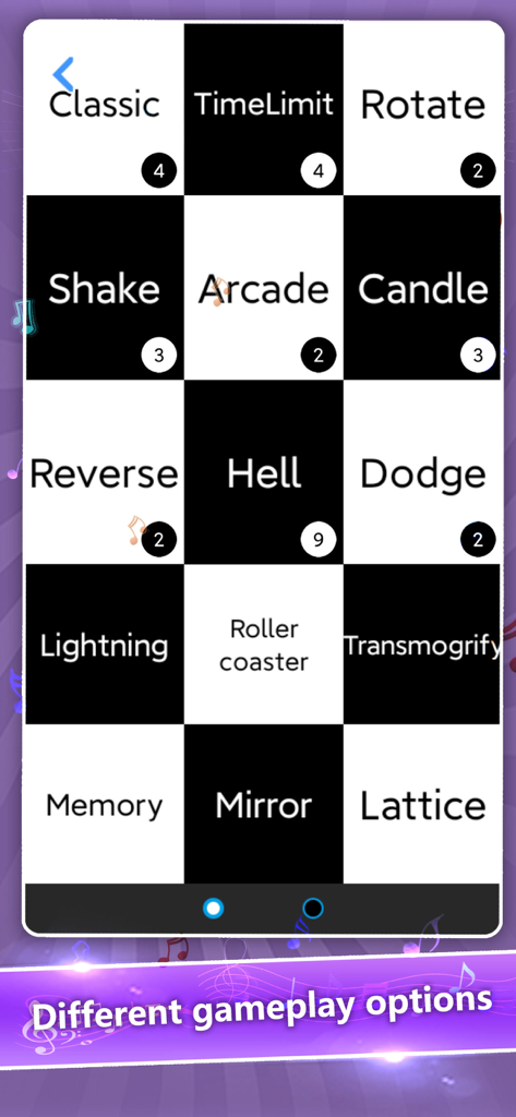 A menu screen showing various gameplay options like Classic, Hell, and Rotate in the Black tiles mobile game.