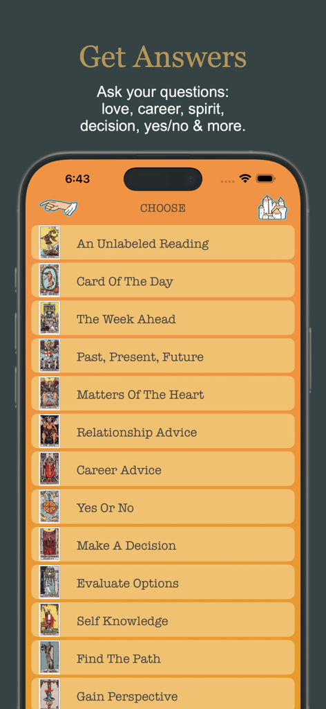 Tarot Simple: Cards & Readings - Tarot Simple app interface showing a list of tarot reading topics including Card of the Day and Career Advice