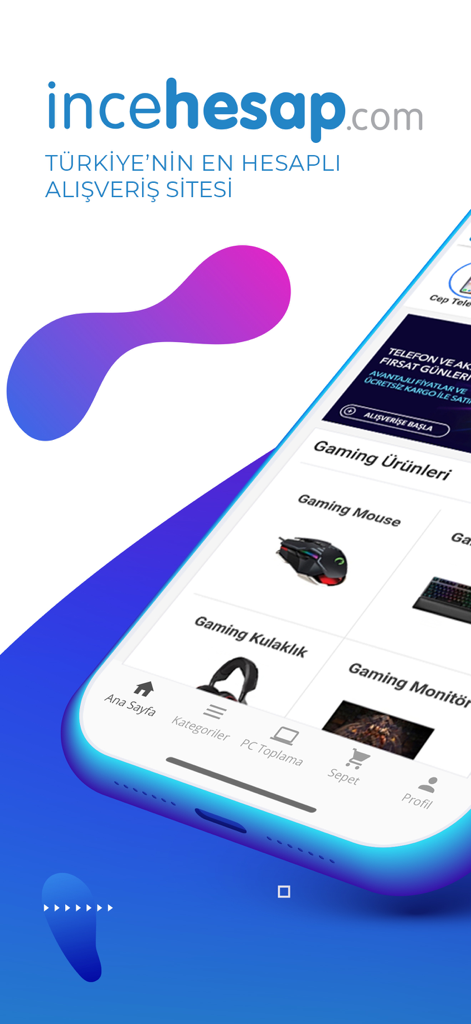 incehesap mobile app interface showing various gaming products including mice and headsets
