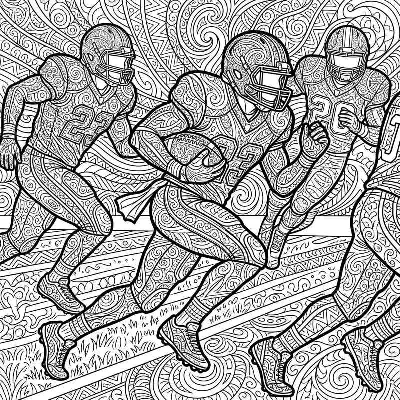 Experience the thrill of football and the serenity of Zentangle art with this captivating coloring page. Dynamic running backs, adorned with intricate patterns, are poised for action, offering a unique and engaging creative outlet.