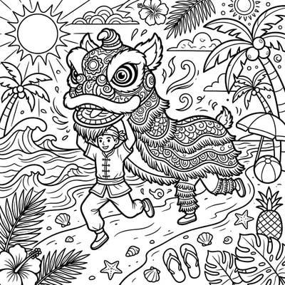 Dive into a unique summer celebration with this lively Lion Dance coloring page set against a beautiful beach backdrop. This intricate design invites you to bring vibrant colors to a fusion of festive tradition and sunny relaxation.