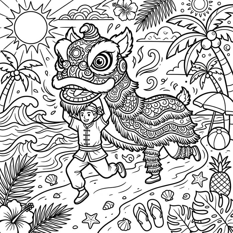 Dive into a unique summer celebration with this lively Lion Dance coloring page set against a beautiful beach backdrop. This intricate design invites you to bring vibrant colors to a fusion of festive tradition and sunny relaxation.