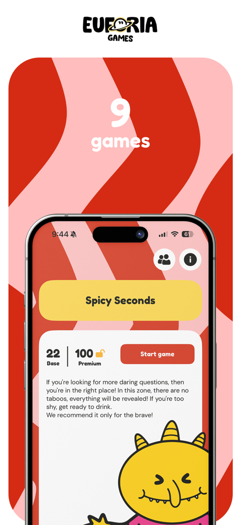 Eufória - The Party Game - iPhone-Screenshot der Eufória-Partygame-App, der die Benutzeroberfläche des Spicy Seconds-Modus mit einer gelben Cartoonfigur zeigt