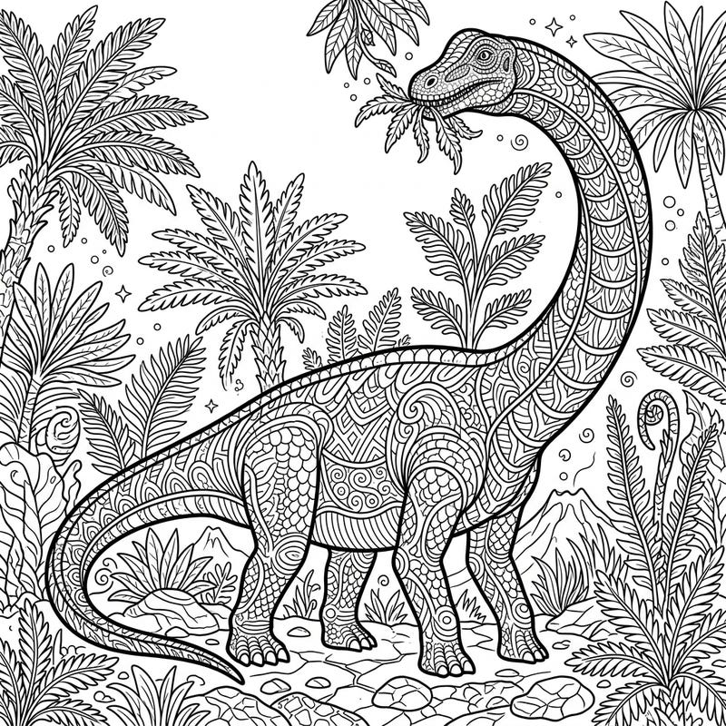 Journey back to the Jurassic period with this exquisitely detailed Mamenchisaurus adult coloring page. Immerse yourself in the prehistoric jungle and bring this magnificent long-necked dinosaur to life with your unique palette.