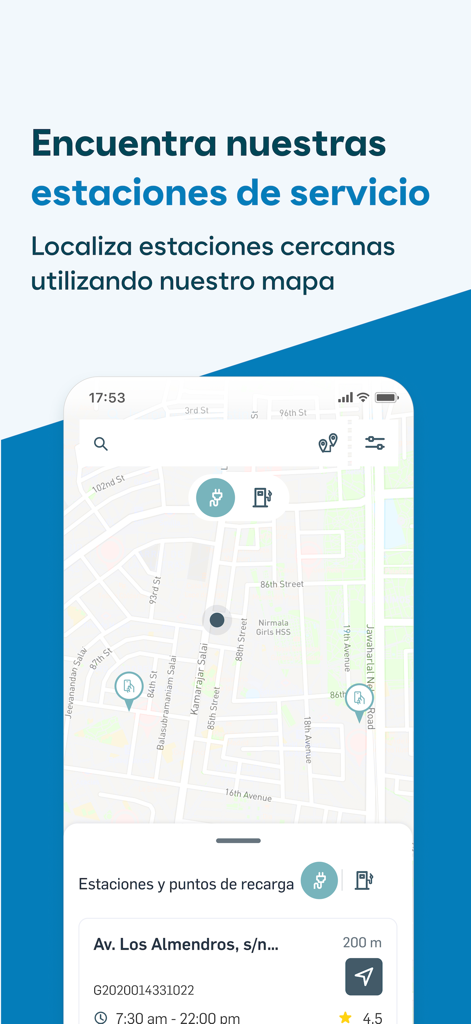 ガソリンスタンドと電気自動車充電ポイントのアイコンが表示された地図を表示するモバイルアプリインターフェース
