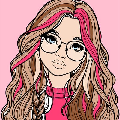 girl with long hair and freckles and glasses realistic