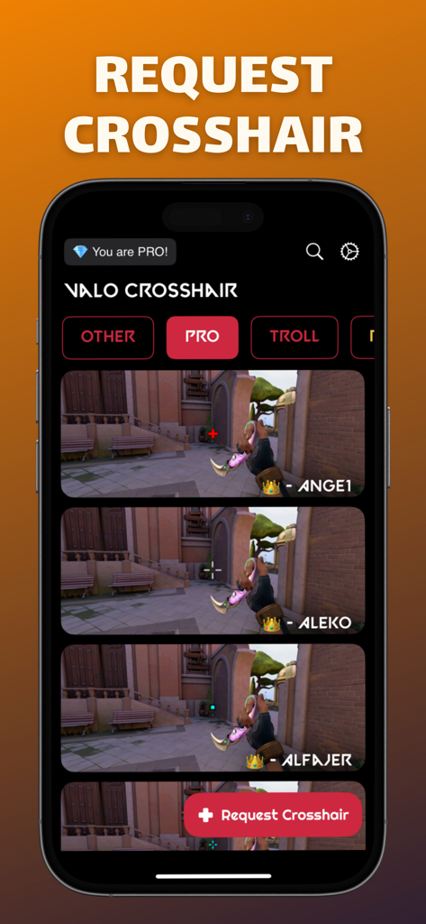 Valo Crosshair Pro app interface showing professional player crosshairs and a request crosshair button.