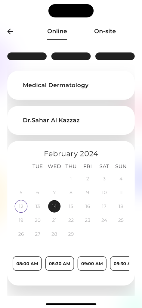 Novomed Centers - Novomed Centers app screen for scheduling an online medical dermatology appointment with a calendar and time slots.