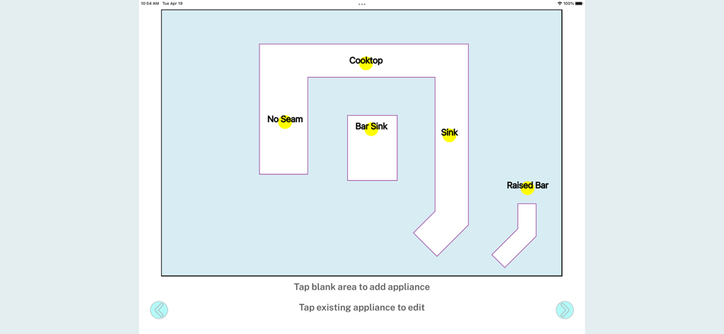 Digital countertop layout diagram with labels for cooktop and sinks
