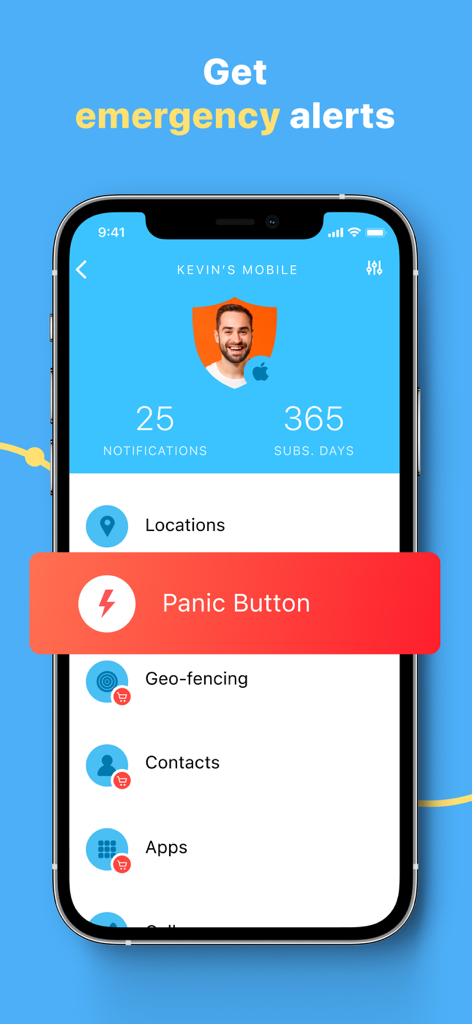 Pantalla de teléfono inteligente que muestra la función del Botón de pánico de mSpy Lite para alertas de emergencia.
