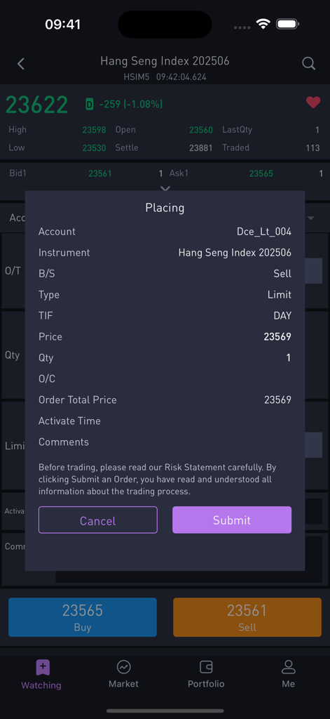 Qi Trader - Order placement modal in the Qi Trader app for Hang Seng Index derivatives trading.