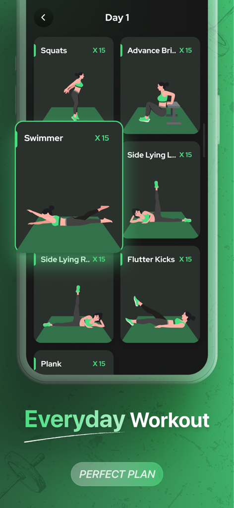 30 Day Workout - Home Fitness - Mobile app interface showing a Day 1 workout routine with 2D animated exercises including squats, swimmer, and flutter kicks.