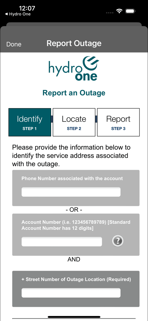 Hydro One Mobile - Hydro One Mobile app screen for reporting a power outage showing step one identify with fields for phone number or account number