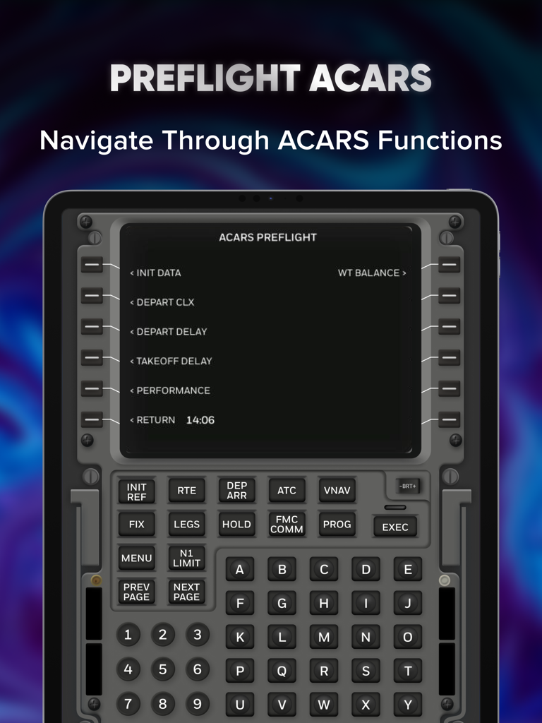 B737 FMS Trainer ACARS preflight interface on tablet screen