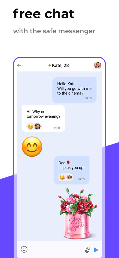 Love.ru - Dating, Chat, Meets - Screenshot der Love.ru Dating-App-Chat-Oberfläche, die einen sicheren Messenger mit einem Textgespräch und einem digitalen Blumen-Geschenk zeigt.