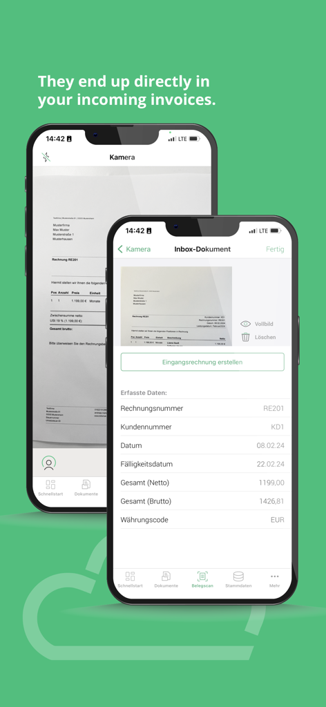 Billomat mobile app scanning an invoice and automatically extracting data for incoming invoices