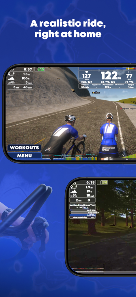 TrainingPeaks Virtual Cycling - Interface de l'application TrainingPeaks Virtual Cycling montrant des avatars 3D et des données de performance