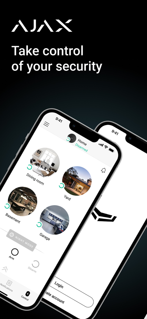 Ajax Security System app interface on two smartphones showing home security status and room monitoring views