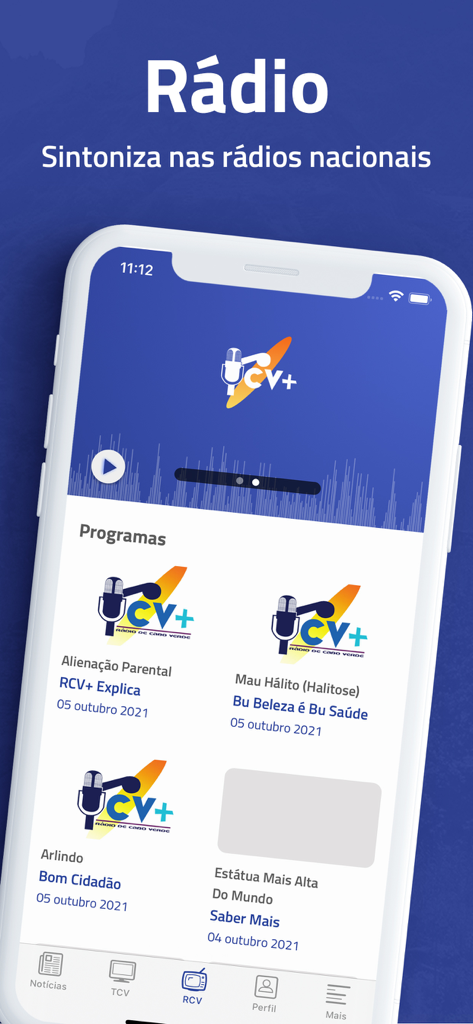 Rádio Televisão de Cabo Verde - Radio interface of the RTC app featuring Cape Verdean national radio programs