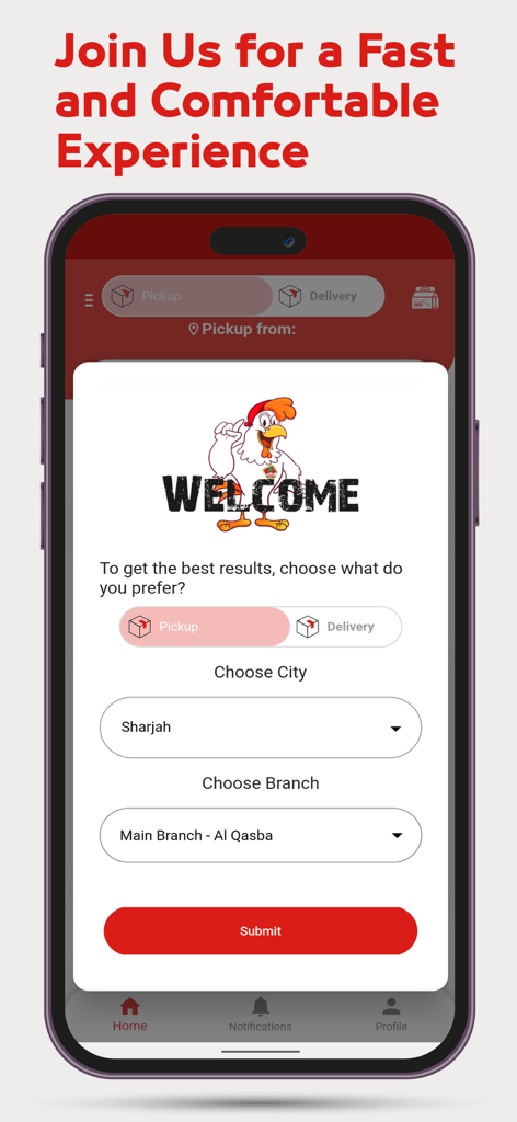 Pantalla de bienvenida de la app del Restaurante Laffah con opciones para recoger o entregar y selección de sucursal en Sharjah