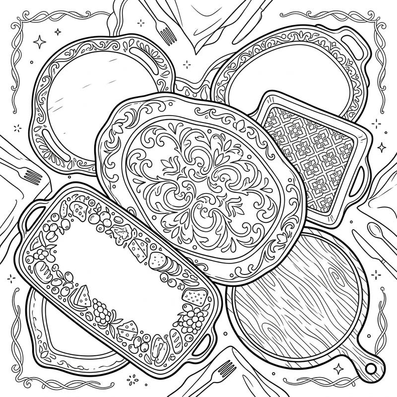 Unleash your creativity with this exquisite coloring page featuring a collection of detailed serving platters and trays. Explore a variety of designs, from elegant scrollwork to rustic wood grain, waiting for your unique color palette.