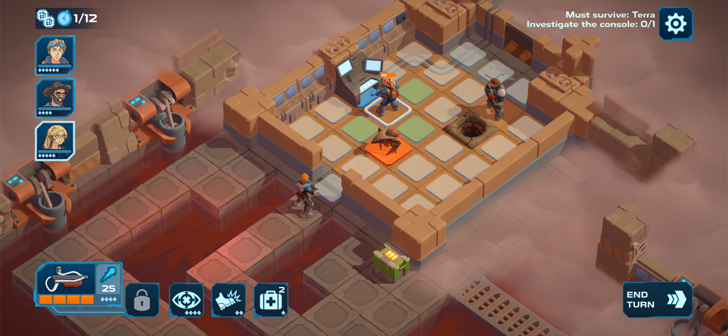 SF環境内のグリッドマップ上での戦術的ターン制戦闘におけるスペースレンジャーのアイソメトリックビュー。