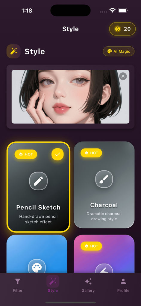 Yeko - Yeko app interface showing AI style transfer options like Pencil Sketch and Charcoal
